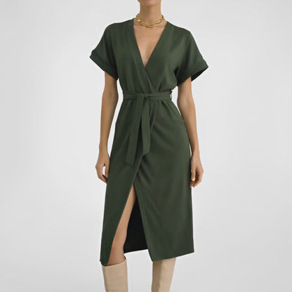 Vintage Y2K Green Short Sleeve V-Neck Belted Waist Knee Length Dress Size 0/XS