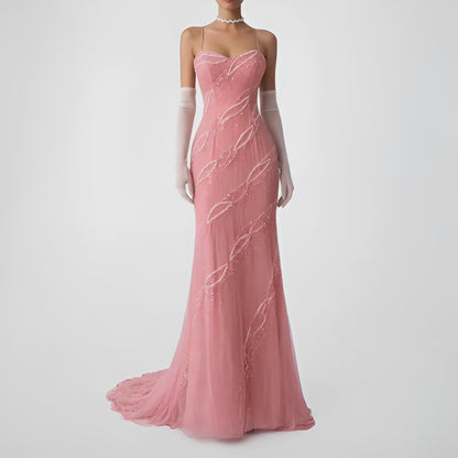 Vintage Pink Bodycon Silk Beaded Sequin Maxi Prom Dress Size XS/S