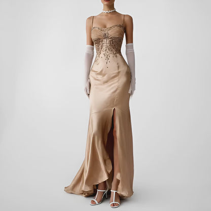 Vintage Brown Silk Beaded Flared Side Slit High Low Maxi Prom Dress Size S/M