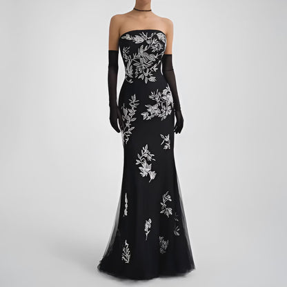 Black White Floral Beaded Strapless Fit Flared Maxi Cocktail Formal Prom Dress Size S
