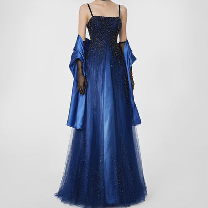 Vintage Y2K 90s Blue Satin Ombre Beaded Babydoll Prom Formal Maxi Dress Size M