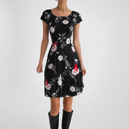 Vintage Y2K 90s Black White Floral Knit Print Short Sleeve Flared Dress Size S/M