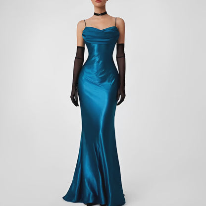 Vintage Blue Satin Babydoll Fit Flared Maxi Cocktail Prom Dress Size M