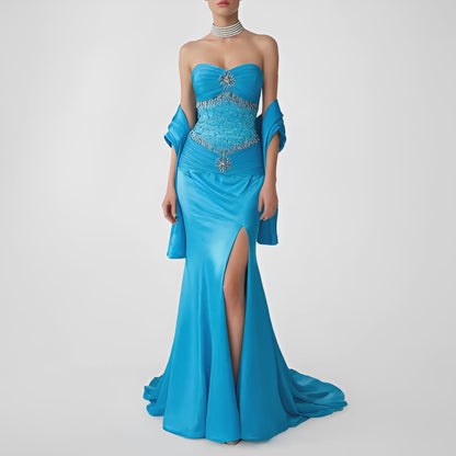 Vintage Y2K Blue Strapless Satin Pleated Flared Maxi Prom Dress W/ Shawl Size M