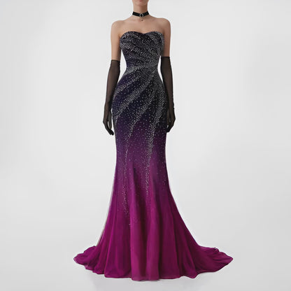 Vintage Y2K Purple Pink Silk Strapless Bodycon Beaded Maxi Prom Dress Size XS