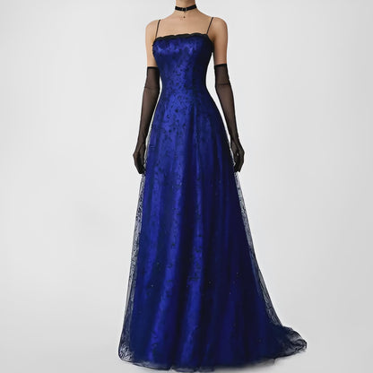 Vintage Black Blue Velvet Mesh Glitter Fit Flared Maxi Prom Dress Size M