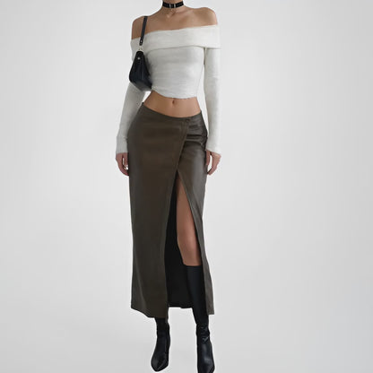 Zara Khaki Green High Waisted Faux Leather Front Slit Knee Length Skirt Size XS