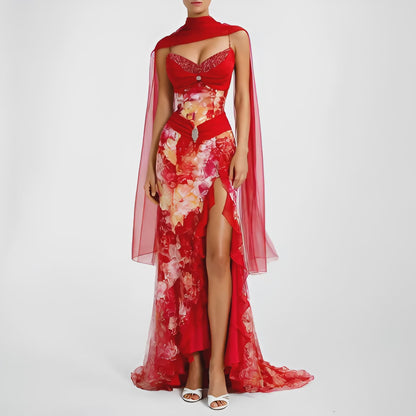 Vintage Red White Geometric Print Silk Ruffle High Low Maxi Prom Dress Size S