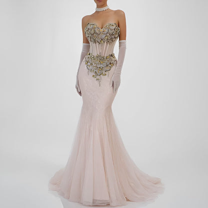 Vintage Pastel Pink Strapless Rhinestone Beaded Maxi Prom Dress Size XS