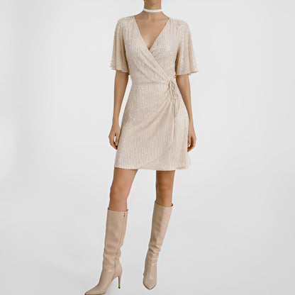 Zara Off White Cream Ruffle Short Sleeve Wrap Flared Sequin Mini Dress Size L