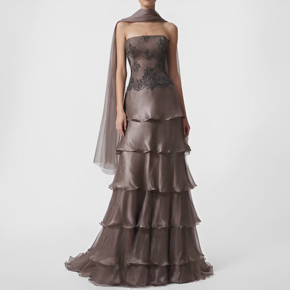 Vintage Brown Silk Strapless Beaded Mesh Ruffle Flared Prom Dress Size M