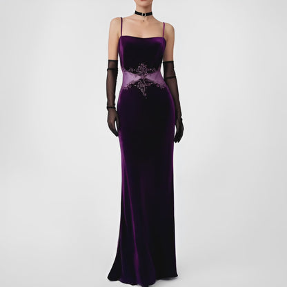 Vintage Purple Velvet Cutout Mesh Beaded Maxi Bodycon Prom Dress Size L