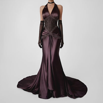 Vintage Brown Halter Beaded Satin Fit Flared Pleated Maxi Prom Dress Size L/XL
