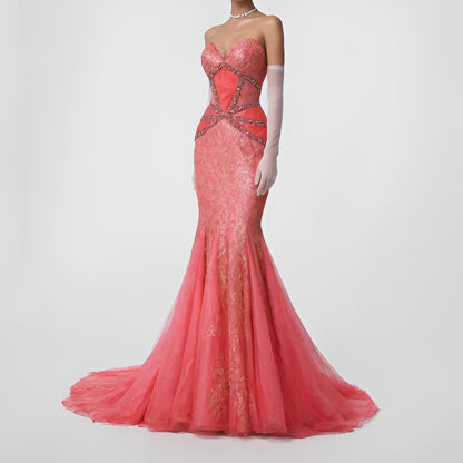 Vintage Pink Strapless Lace Beaded Fishtail Bodycon Prom Dress Size M