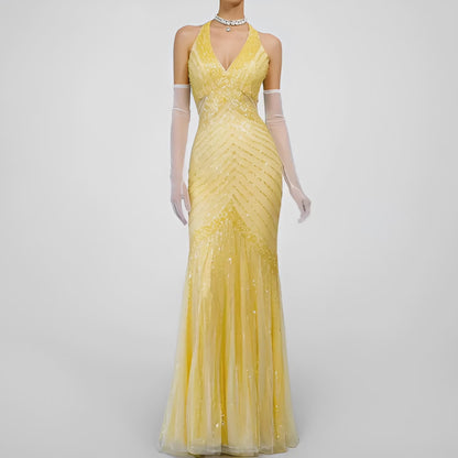Vintage Y2K Yellow Halter Beaded Sequin Mesh Bodycon Maxi Prom Dress Size XS/S