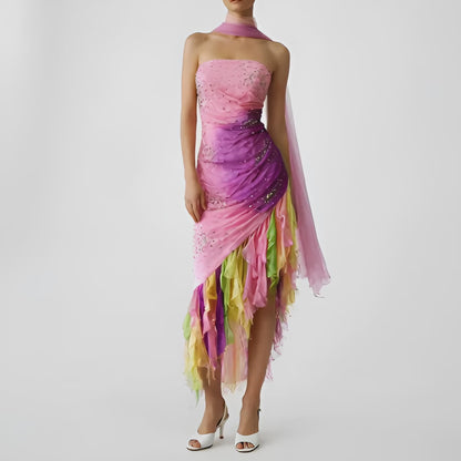 Vintage Pink Strapless Beaded Ruffle Asymmetric High Low Midi Prom Dress Size M