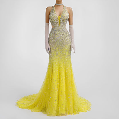 Vintage Yellow Rhinestone Beaded Cutout Maxi Prom Dress Size XS/S