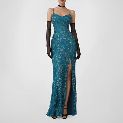 Vintage Teal Blue Silk Beaded Maxi Bodycon Side Slit Prom Dress Size M