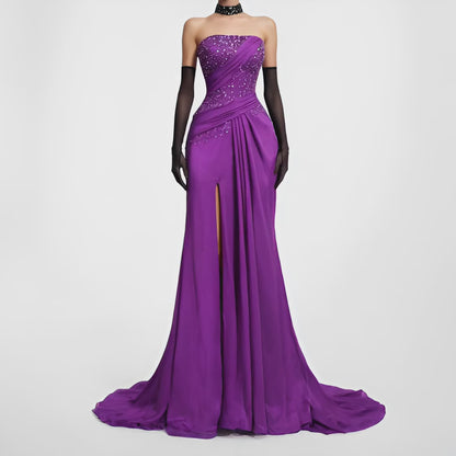 Vintage Y2K Purple Strapless Beaded Side Slit Fit Flared Maxi Prom Dress Size S