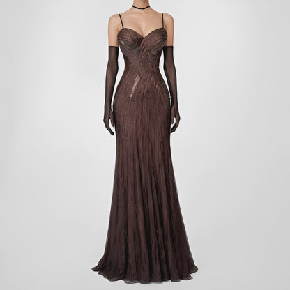 Vintage Brown Silk Beaded Fit Flared Maxi Prom Dress Size S