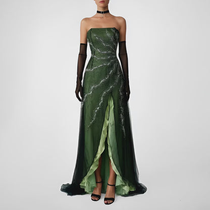 Vintage Green Strapless Silk Beaded High Low Mesh Maxi Flared Dress Size S