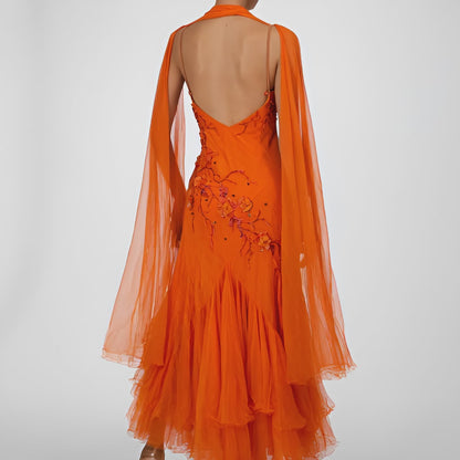 Vintage Orange Silk Floral Applique Beaded Tulle Fit Flared Midi Prom Dress Size S