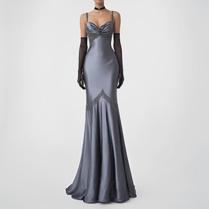 Vintage Gray Silver Satin Beaded Fit Flared Maxi Ruffle Prom Dress Size M
