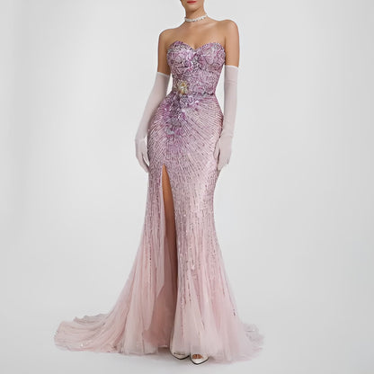 Vintage Pink Purple Side Slit Strapless Fit Flared Sequin Maxi Prom Dress Size XS