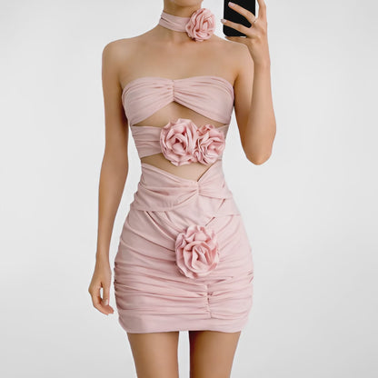 Pink Strapless Floral Applique Bodycon Mini Dress Size XS/S