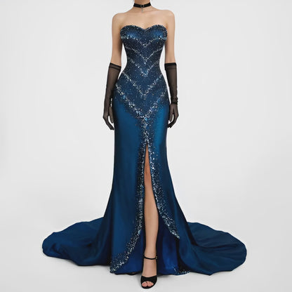 Vintage Navy Blue Strapless Beaded Mesh High Low Maxi Prom Dress Size M