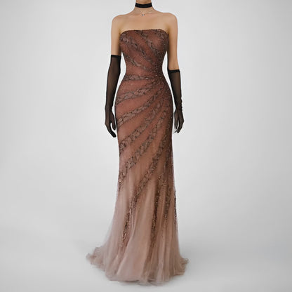 Vintage Y2K Brown Ombre Beaded Strapless Silk Bodycon Maxi Prom Dress Size XS/S
