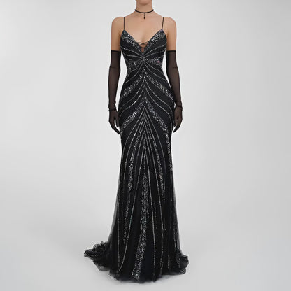 Vintage Y2K Black Knit Sequin Beaded Bodycon Mermaid Maxi Prom Dress Size S/M