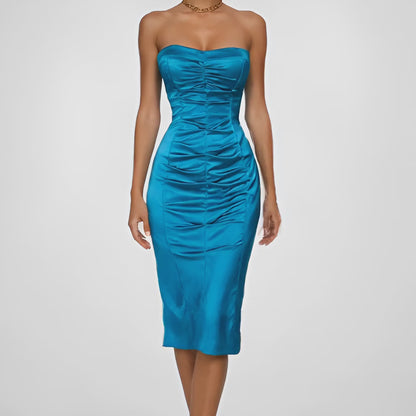 Vintage Y2K 90s Blue Satin Strapless Pleated Knee Length Bodycon Dress Size XS