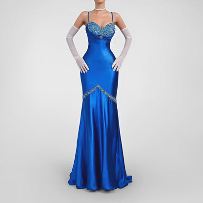 Vintage Blue Satin Fit Flared Beaded Maxi Prom Dress Size S/M