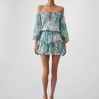 Vintage Y2K Blue Floral Off The Shoulder Long Puffy Sleeve Mini Dress Size XS