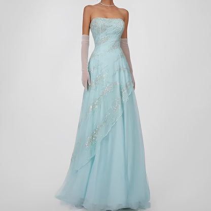 Vintage Y2K 90s Aqua Blue Strapless Beaded Tulle A-Line Maxi Prom Dress Size S