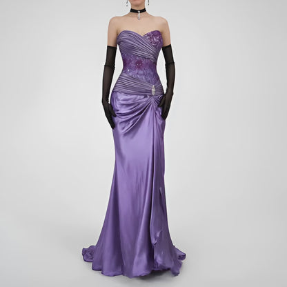 Vintage Y2K Purple Strapless Satin Lace Beaded Pleated Maxi Prom Dress Size S/M