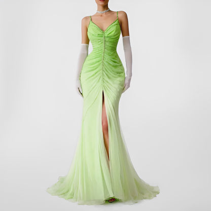Vintage Green Ombre Beaded Pleated Front Slit Maxi Prom Dress Size XS