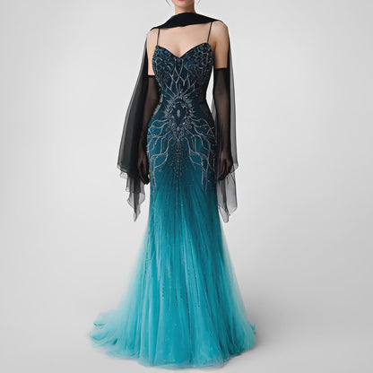 Vintage Y2K Blue Beaded Fit Flared Ombre Maxi Prom Dress W/ Shawl Size M/L