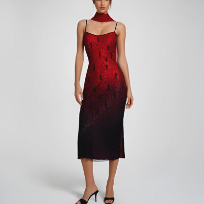Vintage Y2K Burgundy Red Silk Beaded Knee Length Side Slits Cocktail Dress L