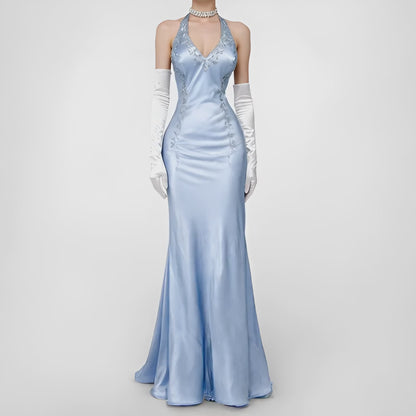 Vintage Y2K Pastel Blue Satin Halter Beaded Fit Flared Maxi Prom Dress Size L