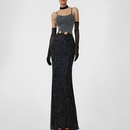 Vintage Blue Silver Cutout Beaded Maxi Bodycon Cocktail Formal Prom Dress M/L