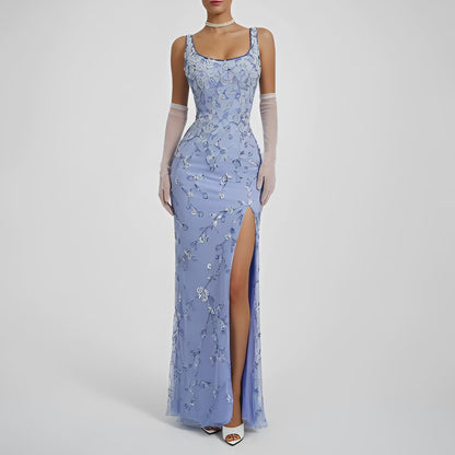 Vintage Y2K Blue Floral Applique Beaded Side Slit Bodycon Maxi Prom Dress XS/S