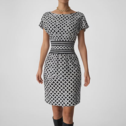 Vintage Y2K Black White Geometric Print Knit Knee Length Sheath Dress Size M