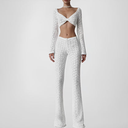 Vintage White Crochet Long Sleeve Crop Top Flared Pants Two Piece Set Size XS/S
