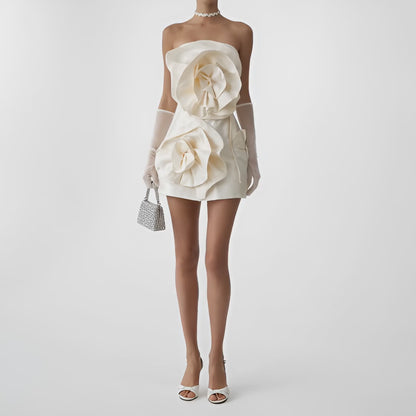 Off White Cream Strapless Floral Applique Bodycon Mini Dress Size S