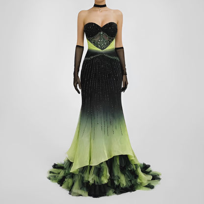 Vintage Black Green Strapless Silk Beaded Tulle Bodycon Maxi Prom Dress Size XS