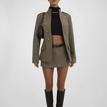 Mango Olive Green Button Front Military Style Shoulder Padded Jacket Size XS