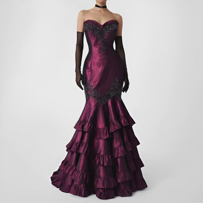 Vintage Burgundy Red Strapless Beaded Satin Ruffle Flared Maxi Prom Dress Size M