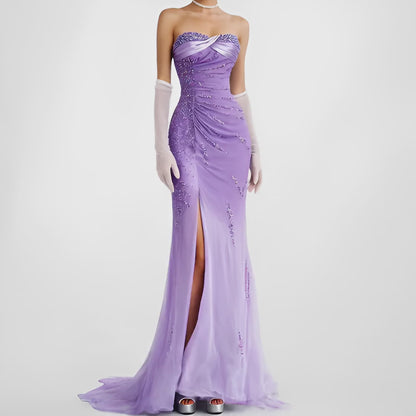 Vintage Purple Gradient Ombre Beaded Strapless Side Slit Maxi Prom Dress Size XS